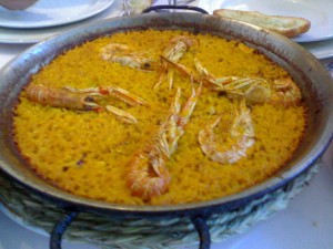 Simple seafood paella with langoustines and shrimps